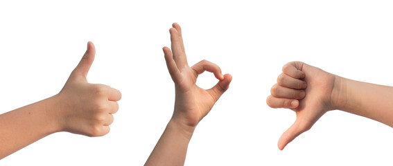 Thumb up and down, ok gestures. Kids hands isolated on white background.