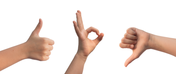 Thumb up and down, ok gestures. Kids hands isolated on white background.