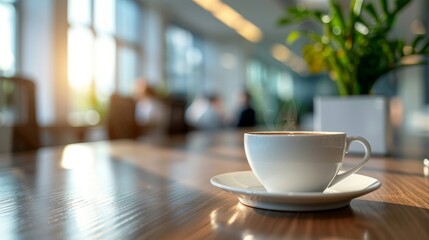 Fototapeta premium Blurred background of an office space with a white coffee cup in the foreground on a wooden table near a potted plant