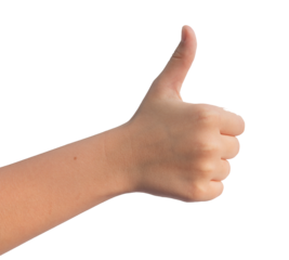 Thumb up gesture, kids hand showing good, finger like, yes okay, isolated on white background.