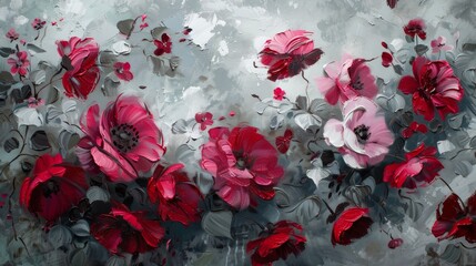 Vibrant Floral Canvas: Textured Oil Painting of Red and Pink Blossoms