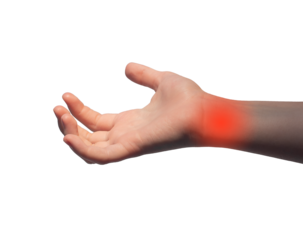 Wrist ache, pain, strain. Kids hand, red injury, trauma isolated on white background.