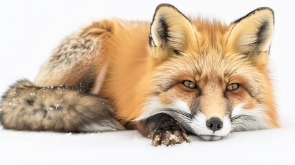 Obraz premium Fluffy Red Fox Lying on Snowy Ground