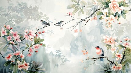 birds on a branch painting in chinoiseries style