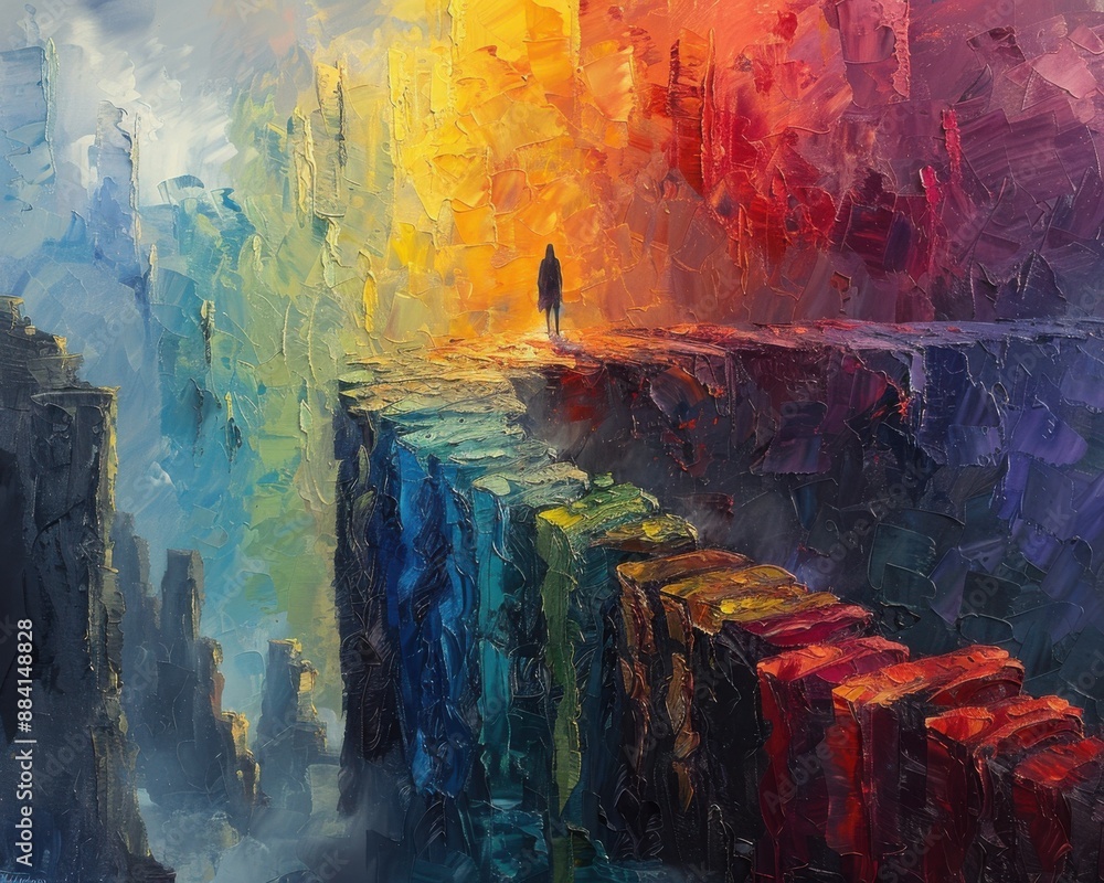Wall mural create a surrealistic painting of a person standing on a bridge made of rainbows, with each color re