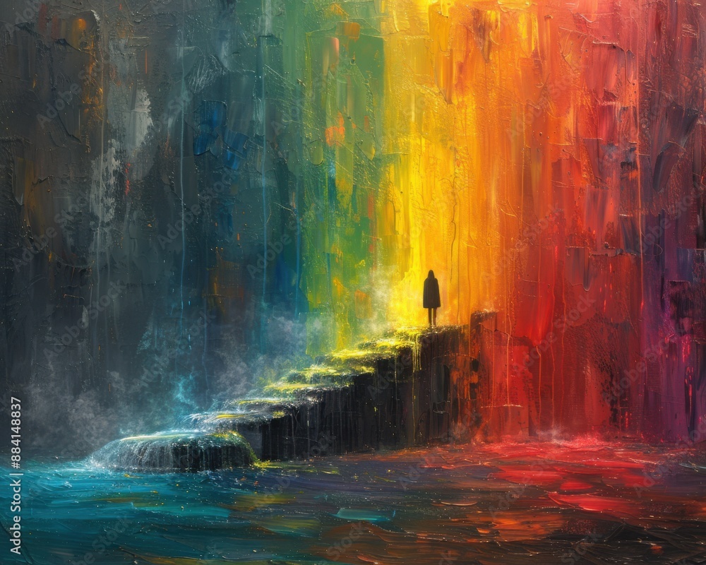 Wall mural create a surrealistic painting of a person standing on a bridge made of rainbows, with each color re