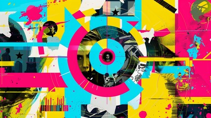 High contrast art collage depicting brand positioning strategies with a circular target at the center, symbolizing market focus and strategic planning.