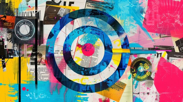 High contrast art collage depicting brand positioning strategies with a circular target, symbolizing strategic marketing approaches and business growth.