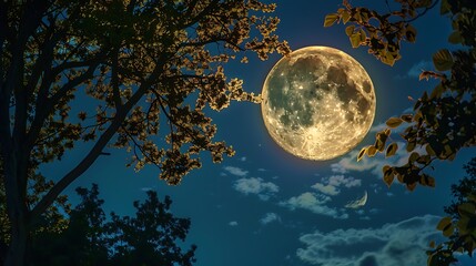 Naklejka premium At night the full moon shines over the shadows of trees