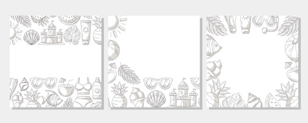 Set of summer minimalist square card, monochrome gray beach elements, accessories icons. Corner, upper, bottom border frame, space for text, isolated on white. For banner, invitation, poster, sale