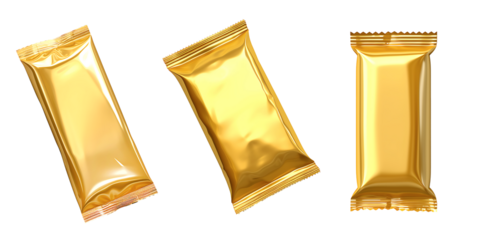A realistic golden foil candy bar packaging mockup, isolated on a white background