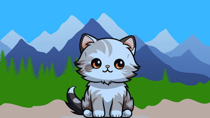 A Cute cool cat sitting in front of a mountain