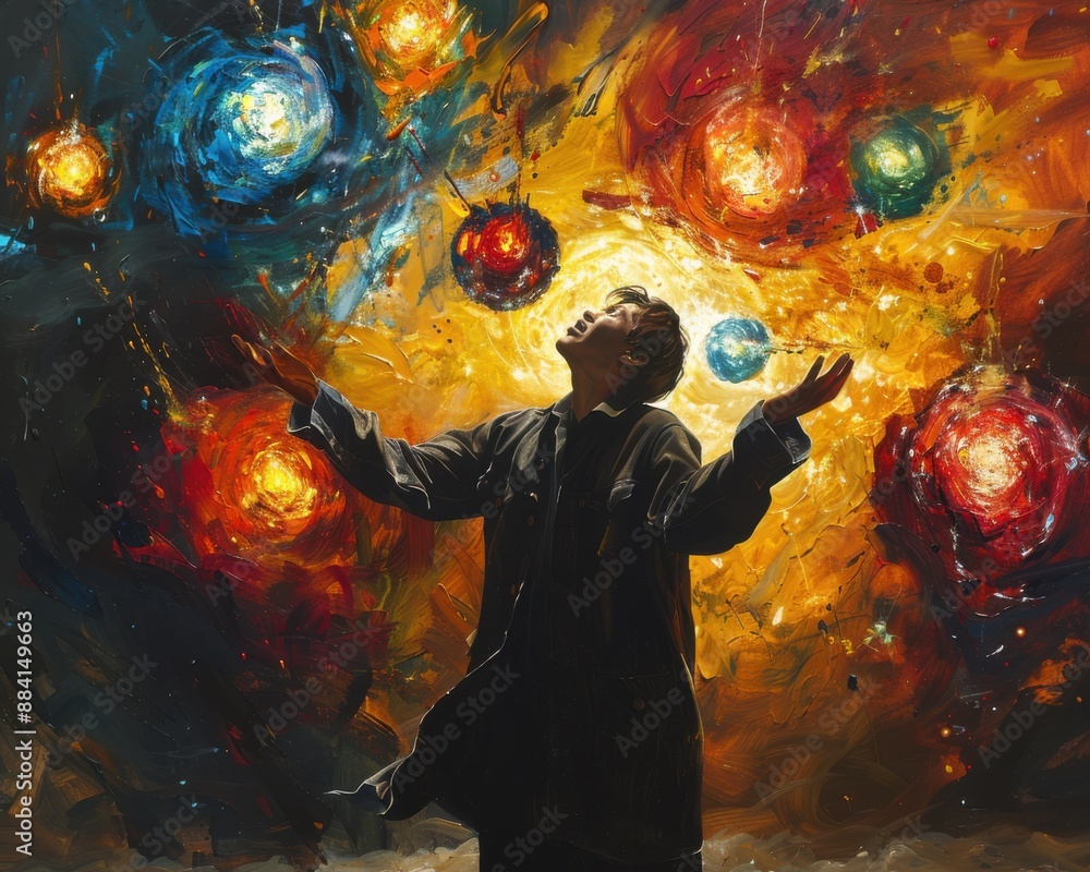 Wall mural create a surrealistic painting of a person juggling glowing orbs, each orb representing a different 