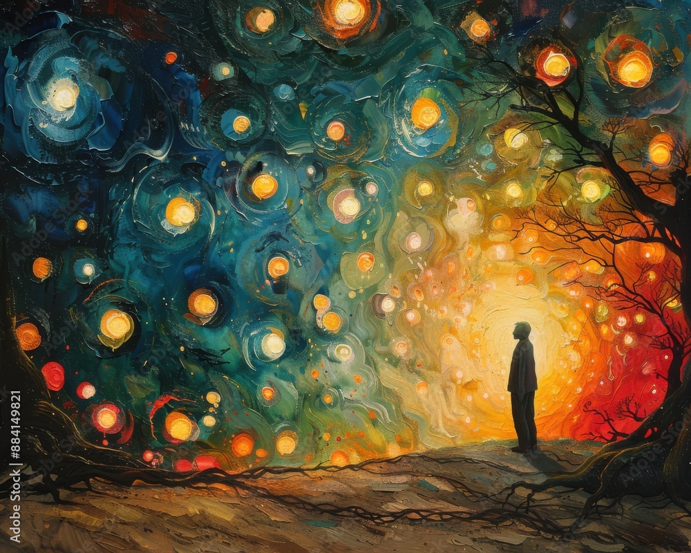Wall mural create a surrealistic painting of a person juggling glowing orbs, each orb representing a different 