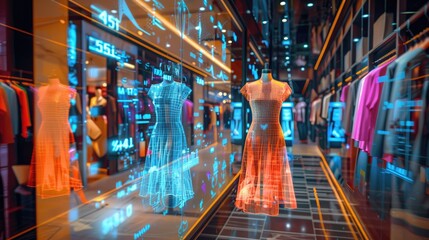 Futuristic virtual reality shopping experience in a high-tech store with digital clothing displays and advanced interface technology.