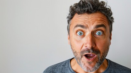 Bearded man with wide open eyes and mouth in shock and amazement