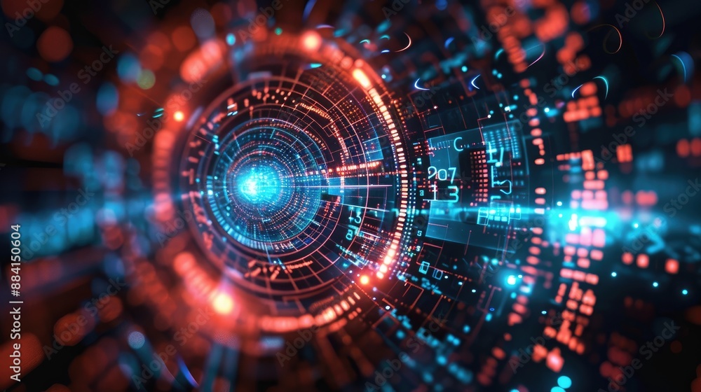 Poster futuristic digital technology background with abstract data, neon lights, and circuit patterns repre