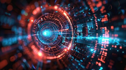 Obraz premium Futuristic digital technology background with abstract data, neon lights, and circuit patterns representing cybersecurity and innovation.