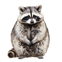 Fototapeta premium A cute raccoon sitting on a white background, looking directly at the viewer with a curious expression.