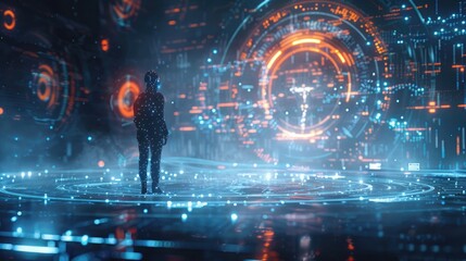 Fototapeta premium Futuristic digital interface with glowing neon lights and a person standing. Ideal for sci-fi, technology, and virtual reality themes.