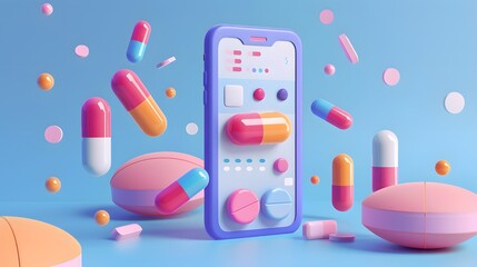 an illustration of a 3d mobile app aiding individuals in tracking and managing their medication schedules. prescription compliance