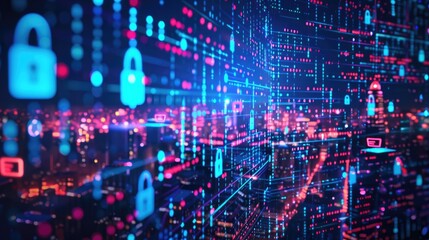 Fototapeta premium Futuristic digital data protection, cyber security concept with glowing locks and network connections, abstract virtual city.
