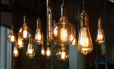 A bunch of light bulbs hanging from the ceiling