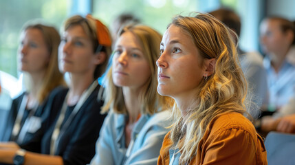 Obraz premium Focused audience at a seminar or conference session, attentively listening to the speaker. Ideal for education, business, and training themes.