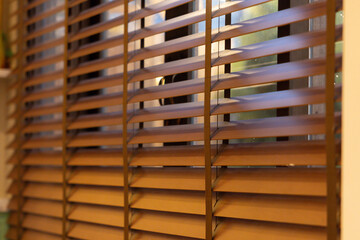 The window blinds are brown and have a wooden look