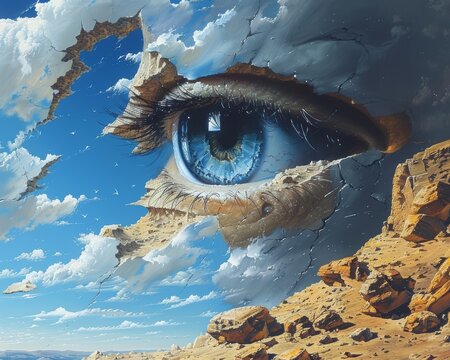 Create a surrealistic painting of a person holding a paintbrush that brings their dreams and ideas to life in the world around them.