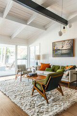 Fototapeta premium Mid-century modern interior, living space, livingroom