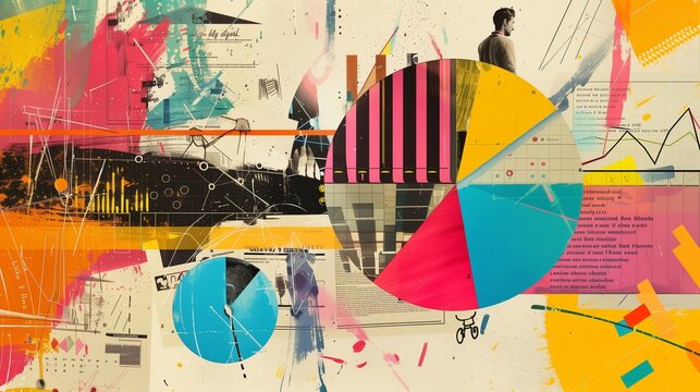 A vibrant, high-contrast collage art piece illustrating market segmentation with a colorful pie chart, showcasing distinct segments in various bright hues.