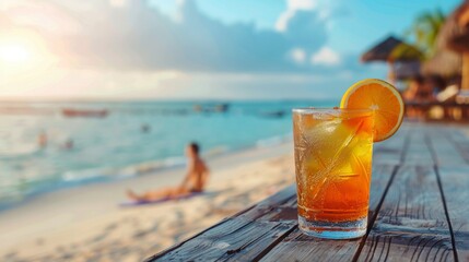 Obraz premium Tropical beach paradise with refreshing orange cocktail