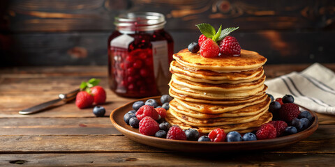 A delicious stack of golden pancakes sits atop a distressed wooden table, surrounded by jars of homemade jam and a sprinkle of fresh berries.