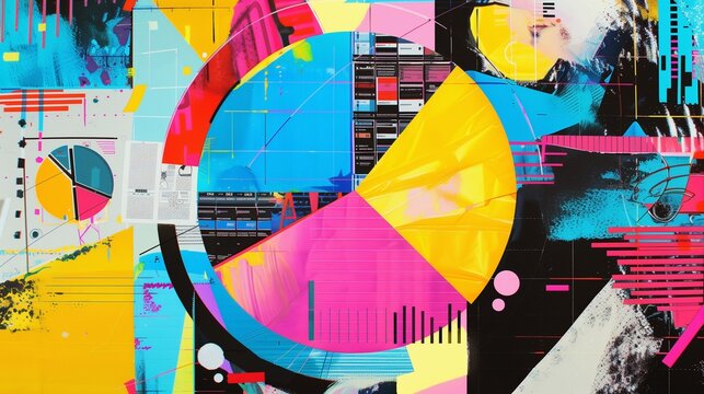 Vibrant pie chart representing market segmentation, displayed in a high-contrast, art-style collage. Perfect for illustrating diverse market segments and data analysis concepts.