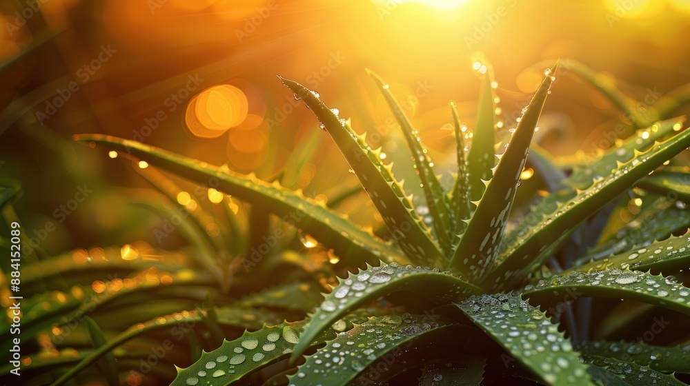 Canvas Prints Aloe Vera Plant with Dew Drops in Sunlight