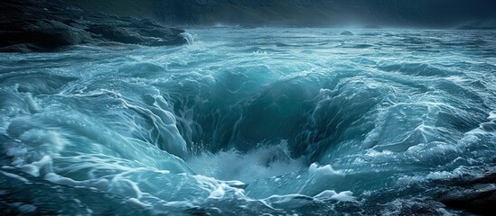 A large hole in the ocean with water rushing out of it