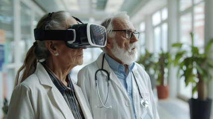 Elderly doctors exploring virtual reality technology, merging medical expertise with innovative VR tools in a modern hospital setting.