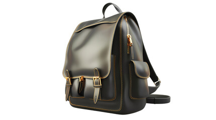 Naklejka premium A stylish black leather backpack with gold accents, featuring multiple pockets and adjustable straps, ideal for travel or everyday use.