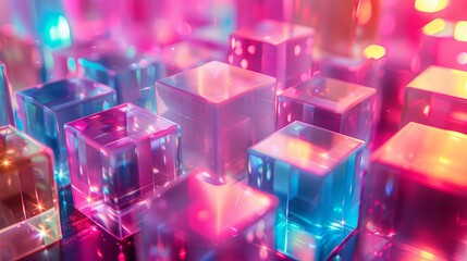 Glowing translucent cubes in vibrant colors form a futuristic city under soft lighting