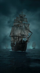 Fototapeta premium a ship in the ocean with a dark sky behind it