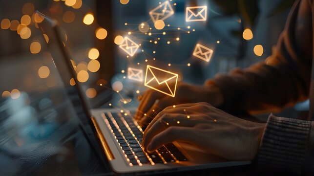 Laptop close up with abstract glowing envelope icon businessman hands showing series of emails being sent, illustrating email marketing concept