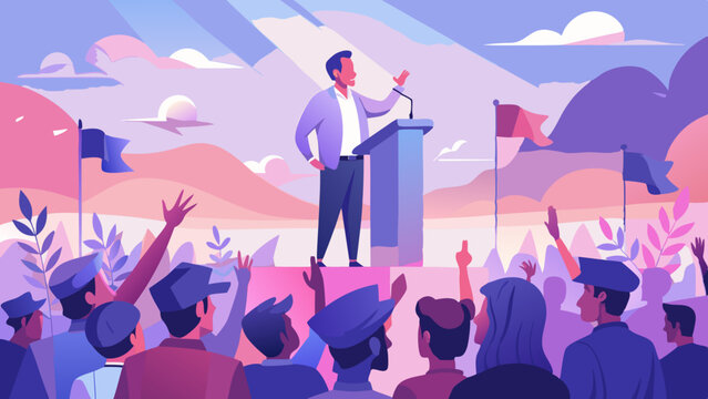 Man doing a speech outdoor in front of a crowd of members of a political party