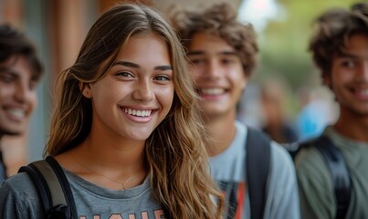 Fototapeta premium Happy teenagers gather on the college campus, laughing and chatting excitedly, enjoying the summer sunshine and the bonds of friendship.