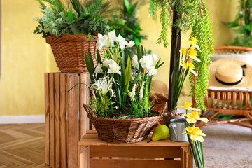 Beautiful flower composition a bouquet in a wicker basket. Floristry concept. Spring, summer holidays, Easter, mother's day. Rustic still life with flowers. Plants harvest. Greenhouse with plants