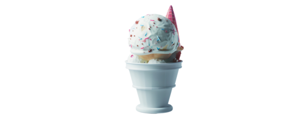 Delicious vanilla ice cream in a white cup, topped with colorful sprinkles and chocolate decoration, isolated on a white background.
