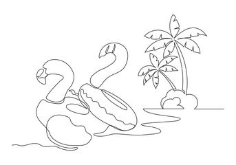 Continuous single one line drawing inflantable rubber flamingo toy summer beach palm coconut tree scene concept sketch drawing design vector graphic illustration.