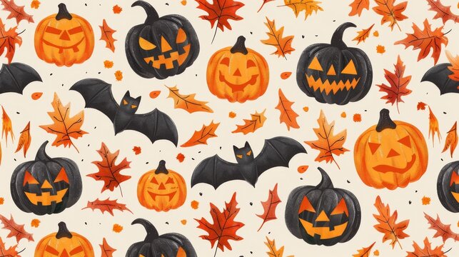Seamless pattern with cute hand drawn pumpkins and bats on a light background