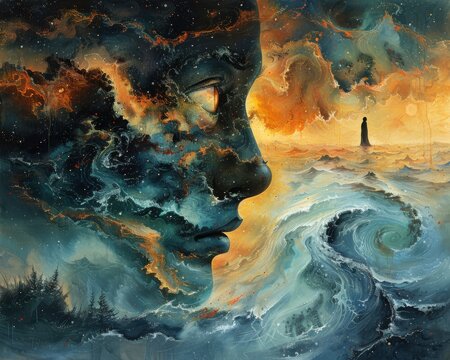 Create a surrealistic painting of a person looking into a mirror that reflects their lover standing beside them, surrounded by dreamlike elements.