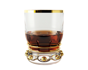 Elegant glass of whisky with intricate golden base and dark liquid, perfect for luxury and refined drink themes.